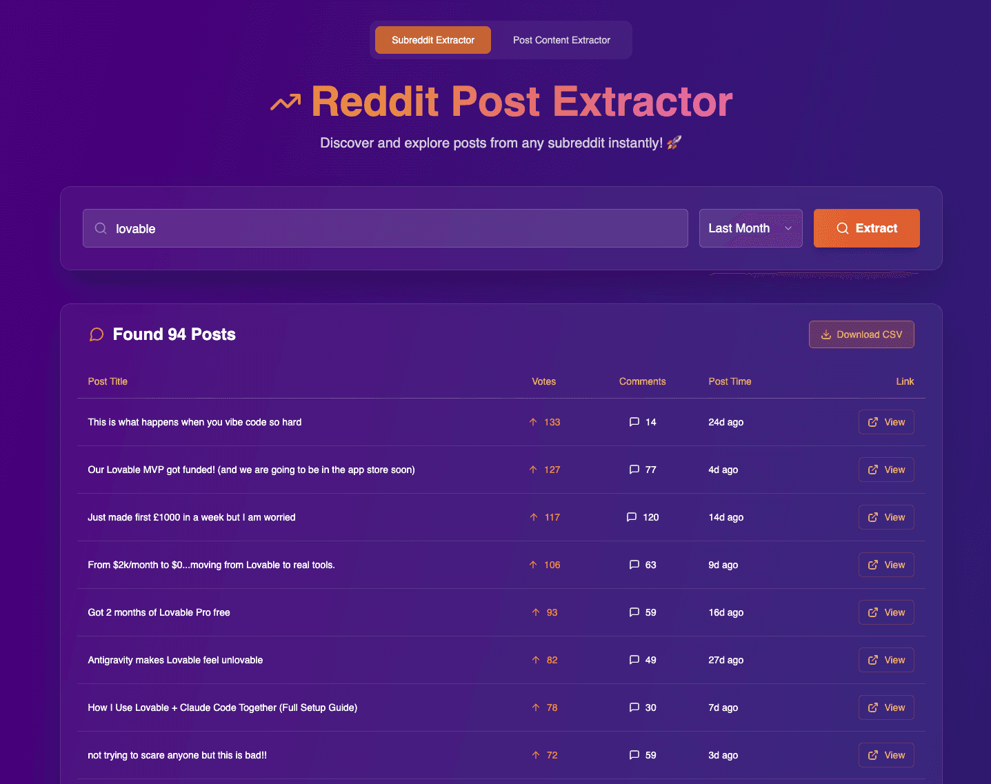 Reddit post extractor built withHostinger Horizons