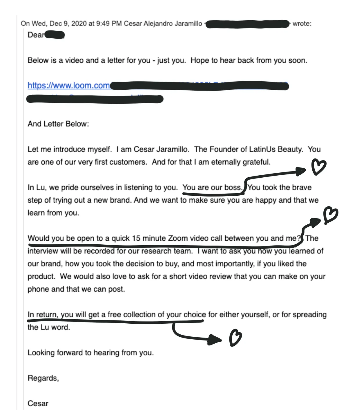Email conversation between César (LatinUs cofounder) and a customer.