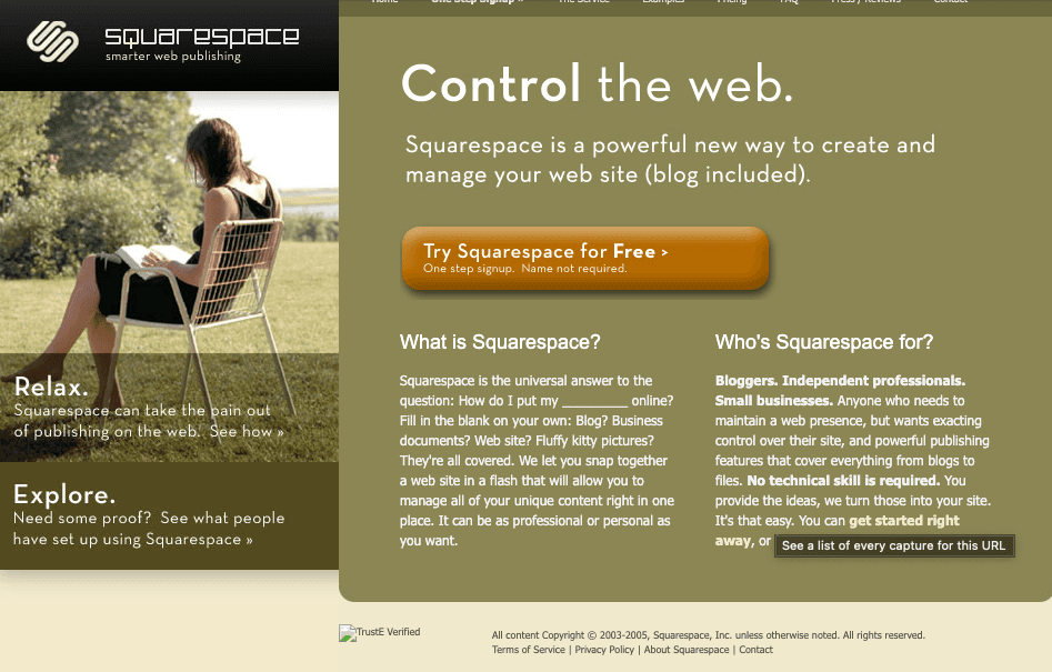 Squarespace homepage from 2005.