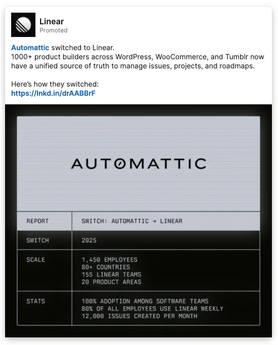 Linear: Automattic switched to Linear, report-card ad