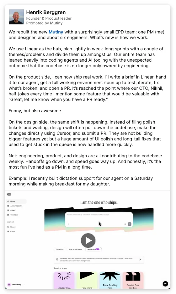 Mutiny: Founder post with template thumbnails