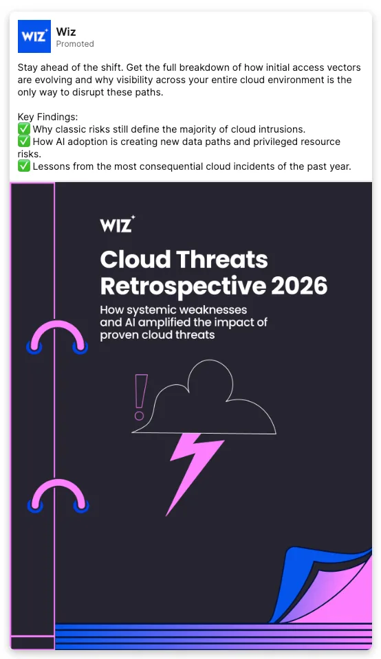 Wiz: Threats Retrospective, neon storm-cloud creative